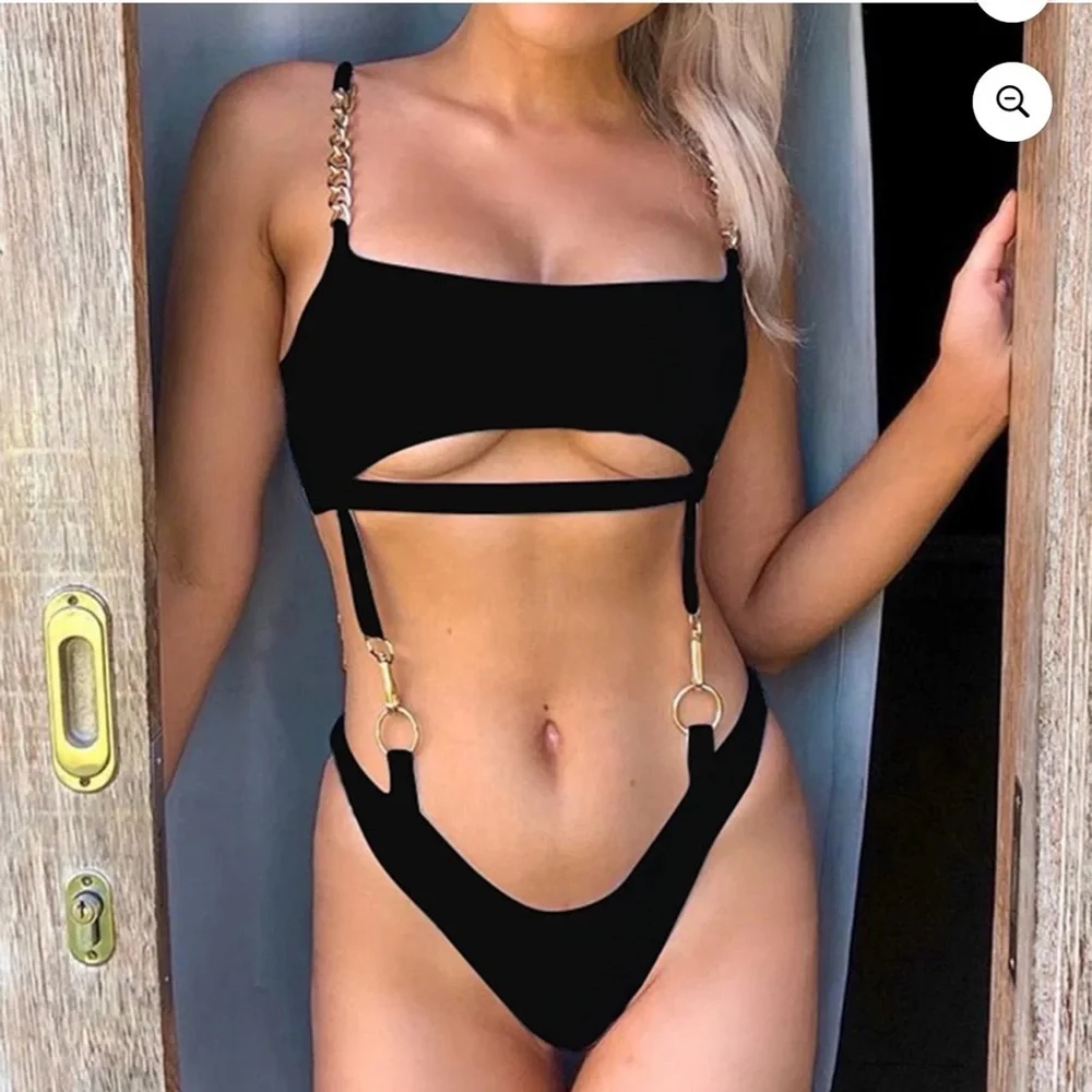 New Black Bikini Swimmer One piece Swimsuit Bathing Suit size S